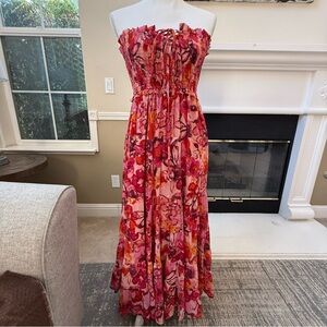 Aqua Strapless Floral Dress in Pink and Red